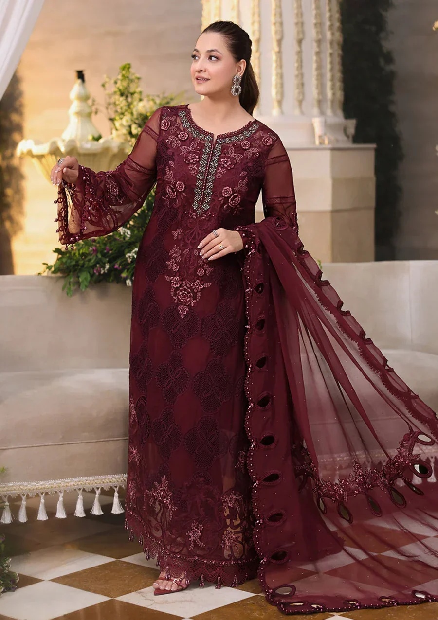 MARIA B Embroidered Chiffon clothing in maroon tones.